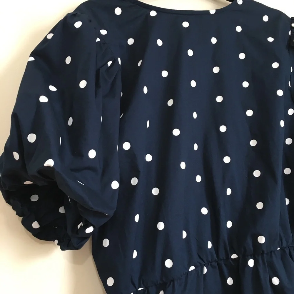Old Navy Navy White Dots Waist Defined Puff Short Sleeve Tie-Wrap Blouse